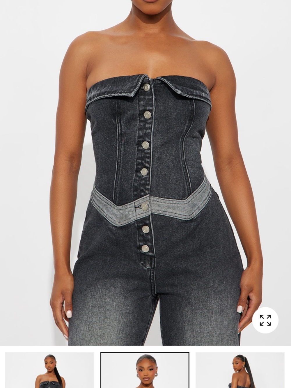 High-Rise Strapless Wide-Leg Jeans Jumpsuit - Black - Picture 2 of 3